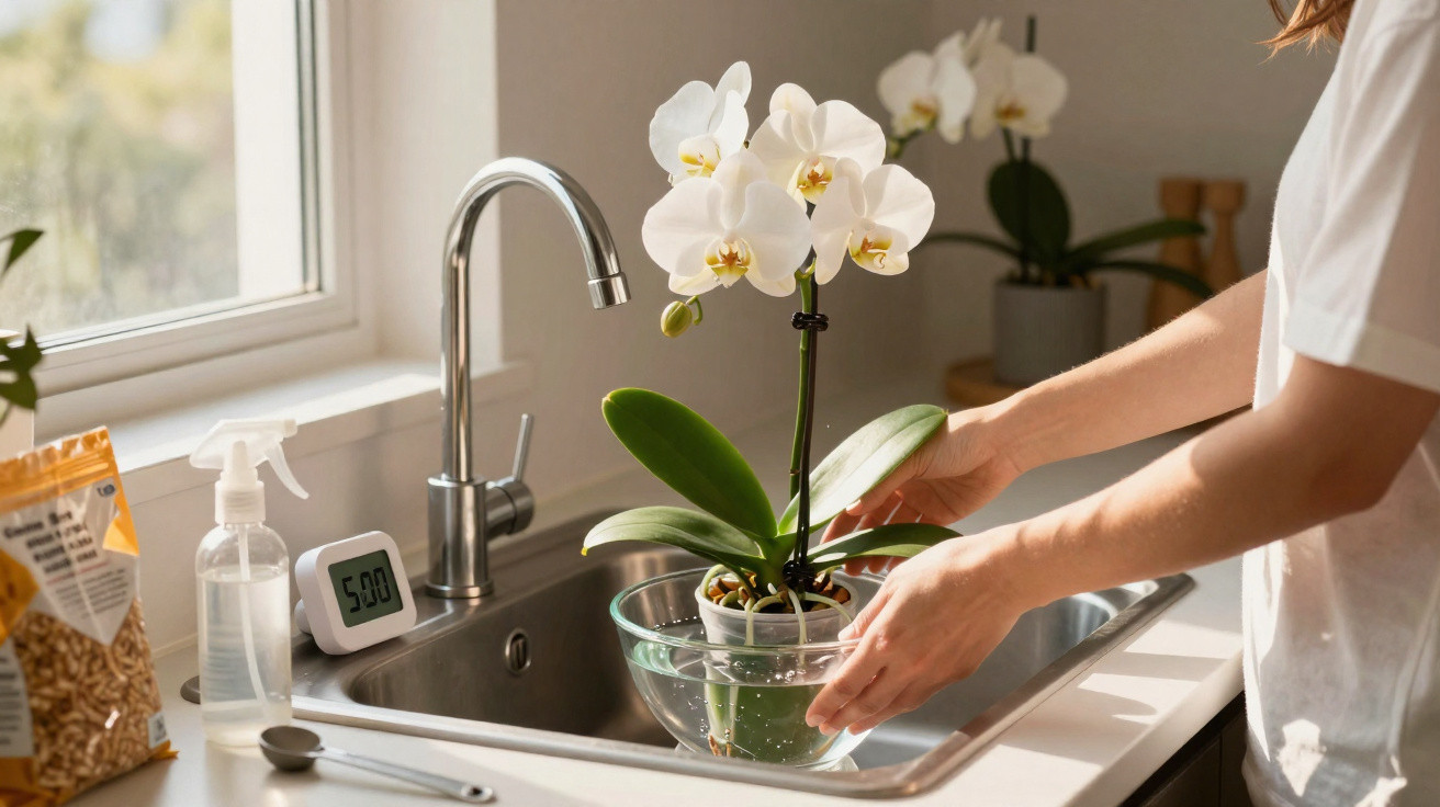 Person gießt Orchidee in einem Blumentopf über der Küchenspüle mit Tageslicht am Fenster.