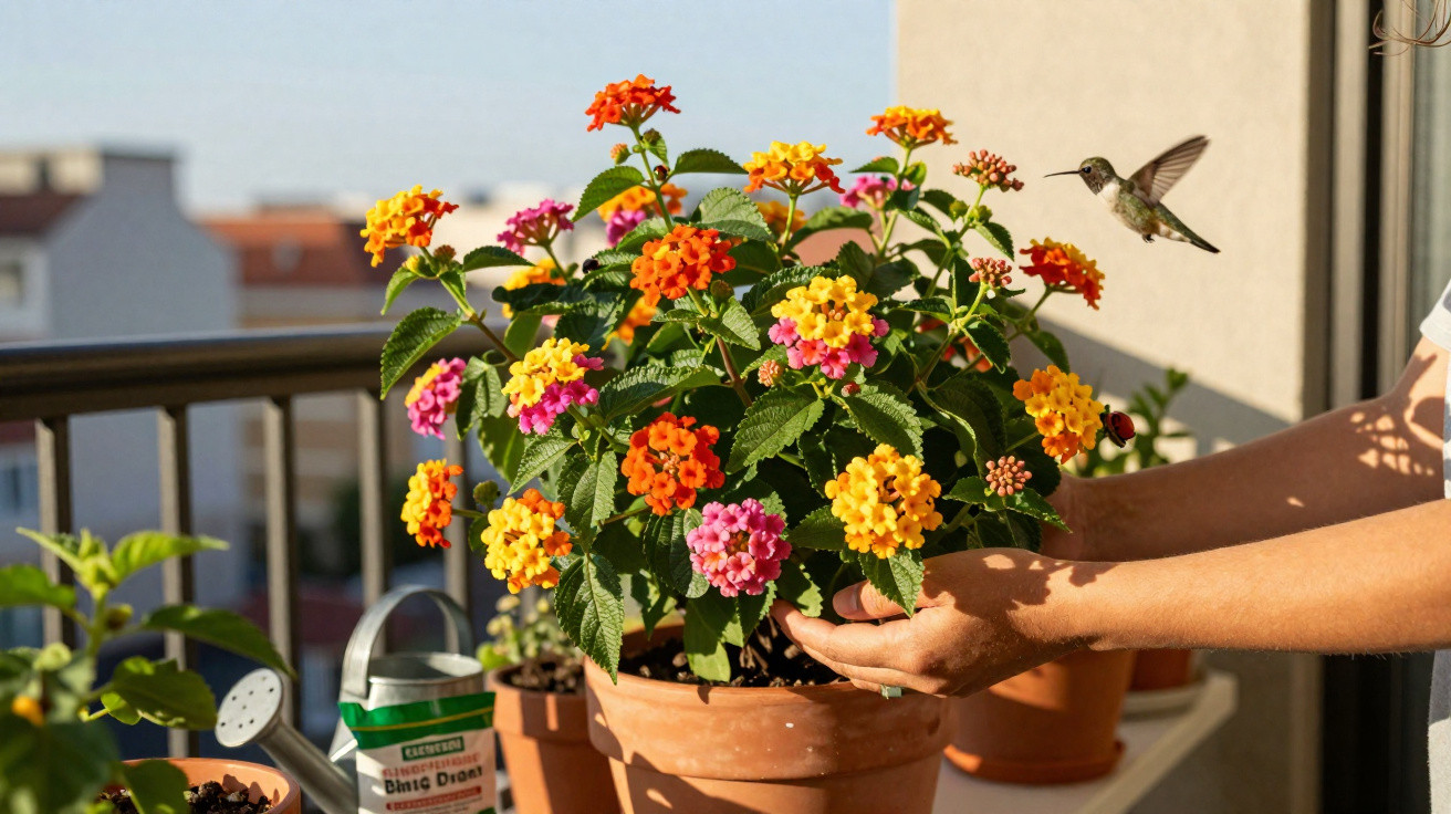 Bunte Blütenpflanze in Terrakottatopf auf Balkon, Kolibri schwebt davor, Hände halten Topf vorsichtig.