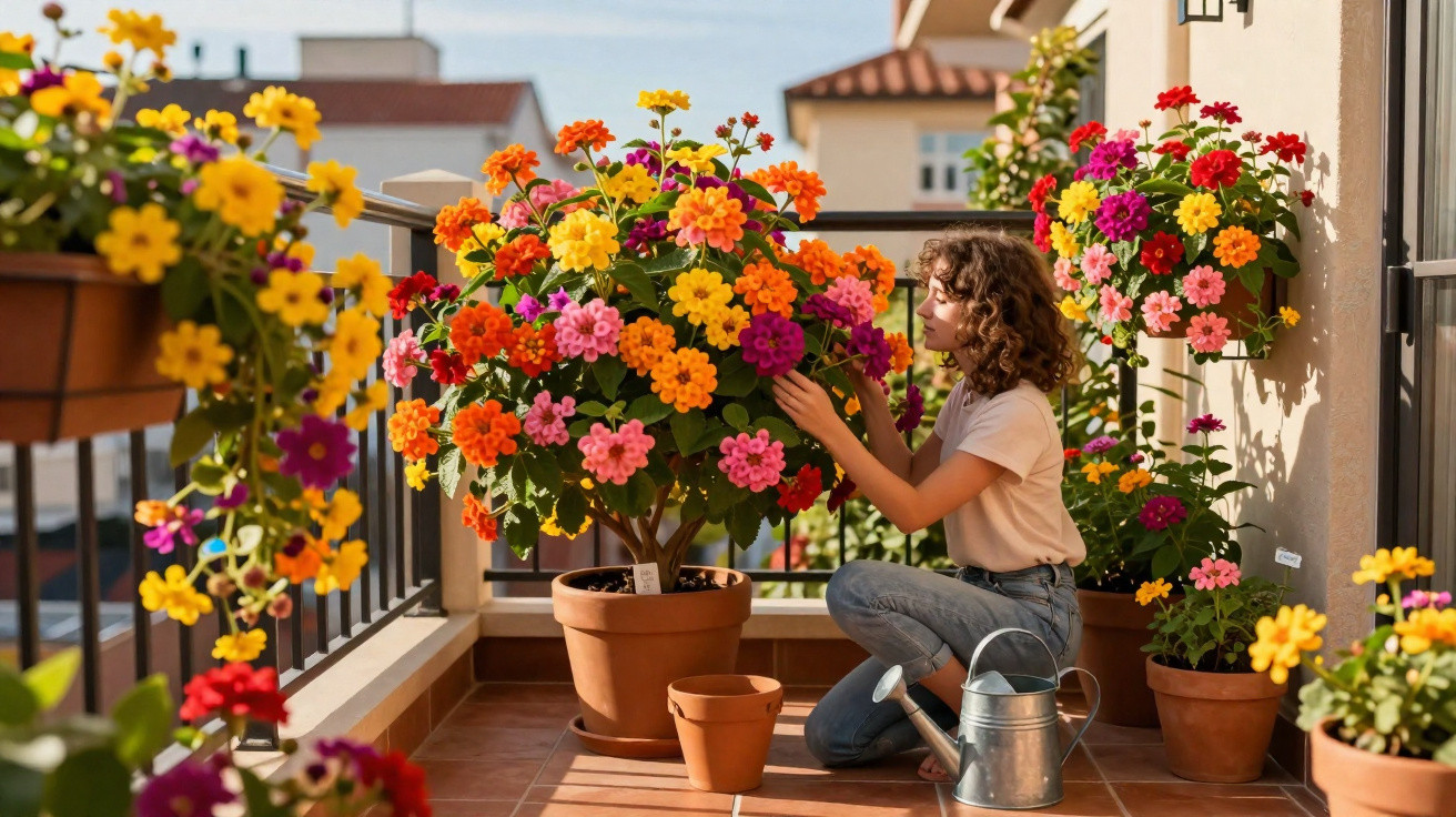 Frau pflegt bunte Blumen auf sonnigem Balkon mit mehreren Blumentöpfen und Gießkanne.