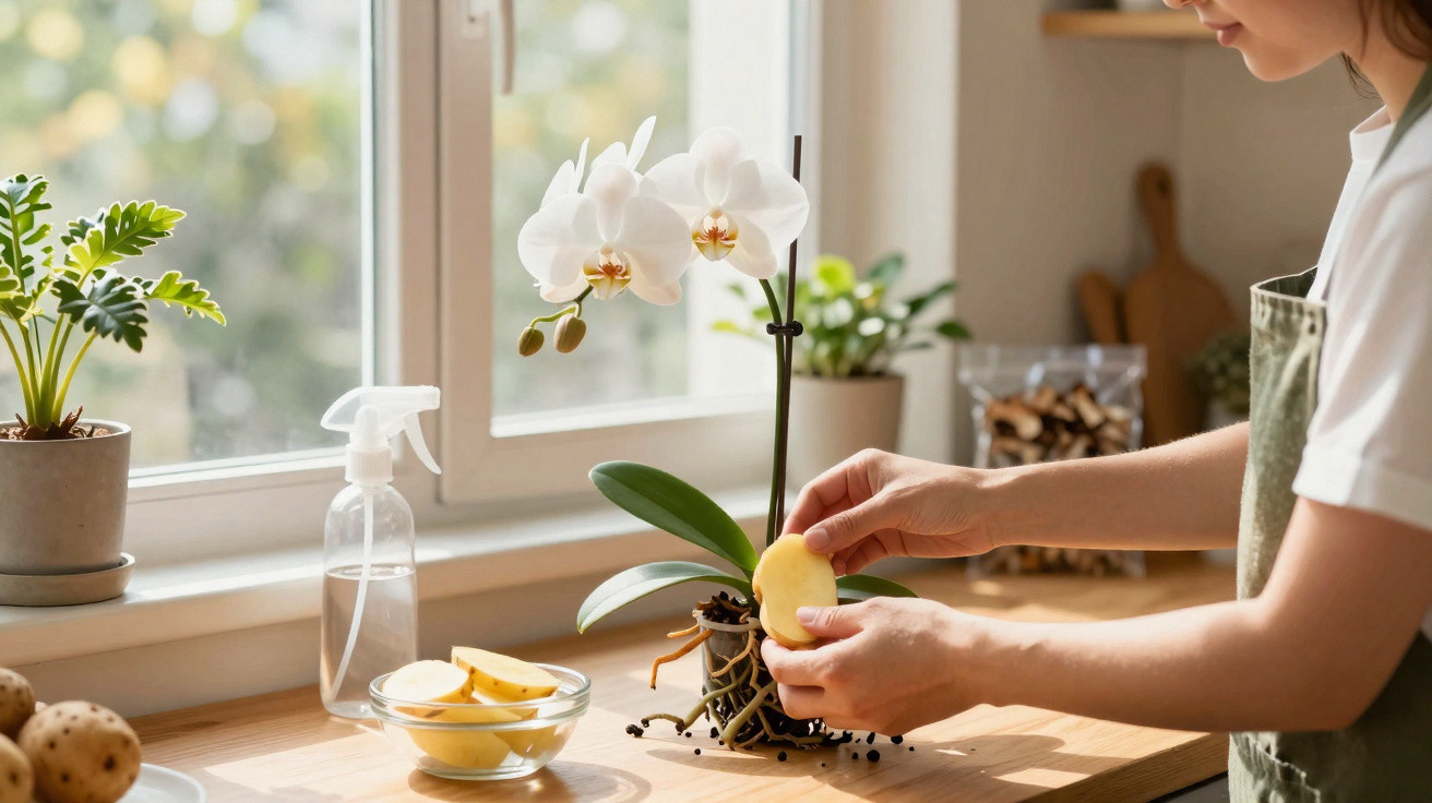 Frau pflegt Orchideen mit Kartoffelscheiben am Fensterbrett in hellem Raum mit Pflanzen und Sprühflasche.