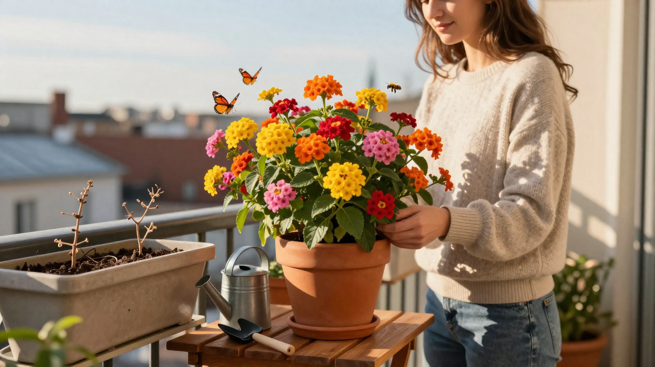 Frau pflegt bunte Blumen auf Balkon, Schmetterlinge und Biene fliegen im warmen Sonnenlicht um die Pflanze.
