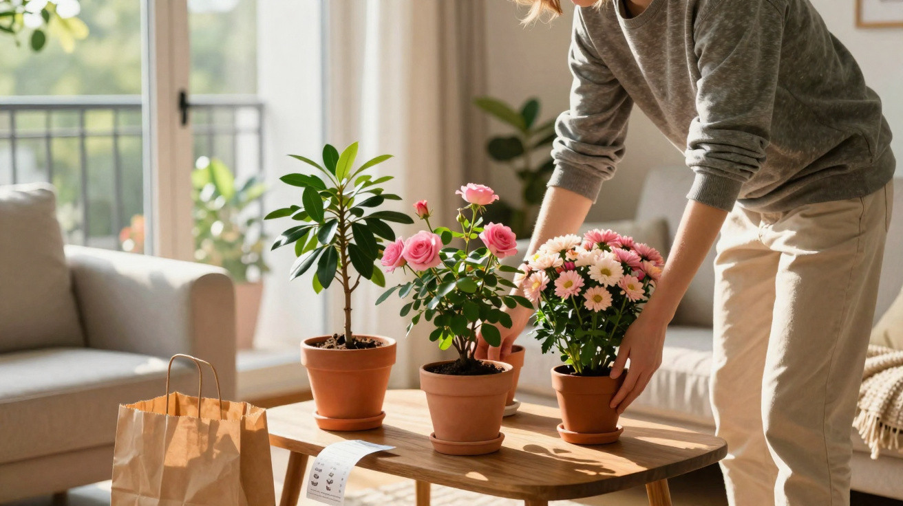 Person stellt drei verschiedene Blumentöpfe mit grünen Pflanzen und rosa Blumen auf einen Holztisch im Wohnzimmer.