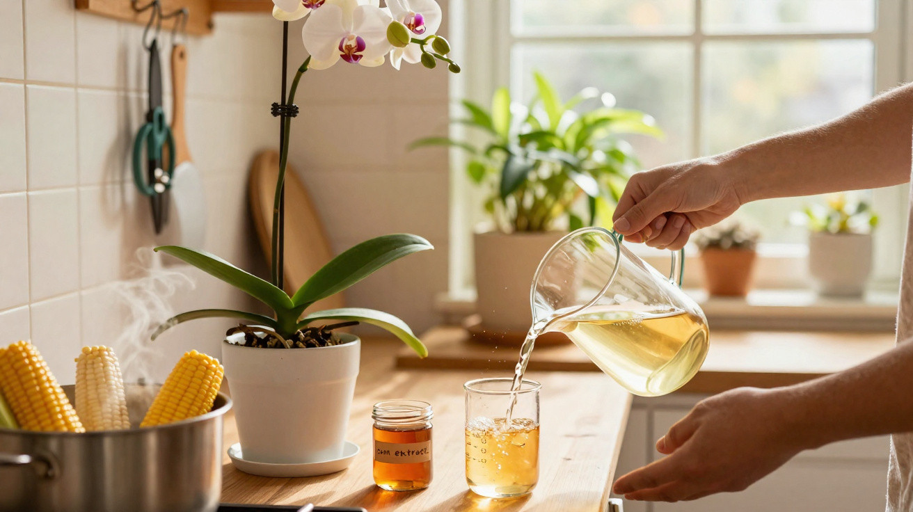 Hand gießt Tee aus Kanne in Glas in sonniger Küche mit Orchidee und dampfendem Mais im Topf.
