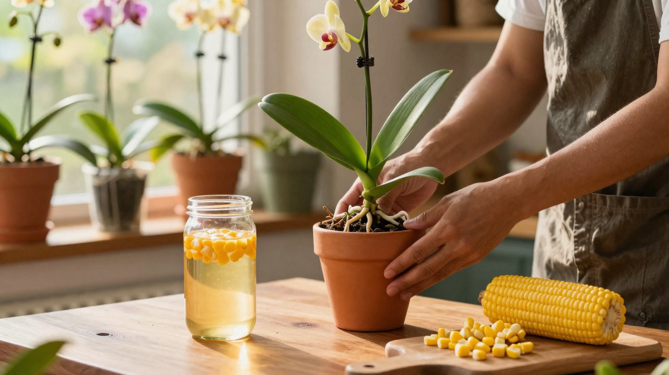 Person pflegt Orchidee im Blumentopf, neben Maiskolben und Glas mit Maiskörnern auf Holztisch.
