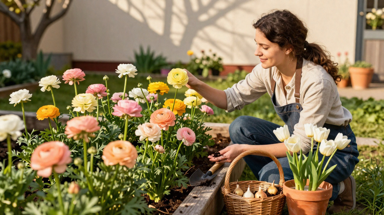 Frau gießt bunte Blumen im Garten, neben ihr Korb mit Blumenzwiebeln und Topf mit weißen Tulpen.