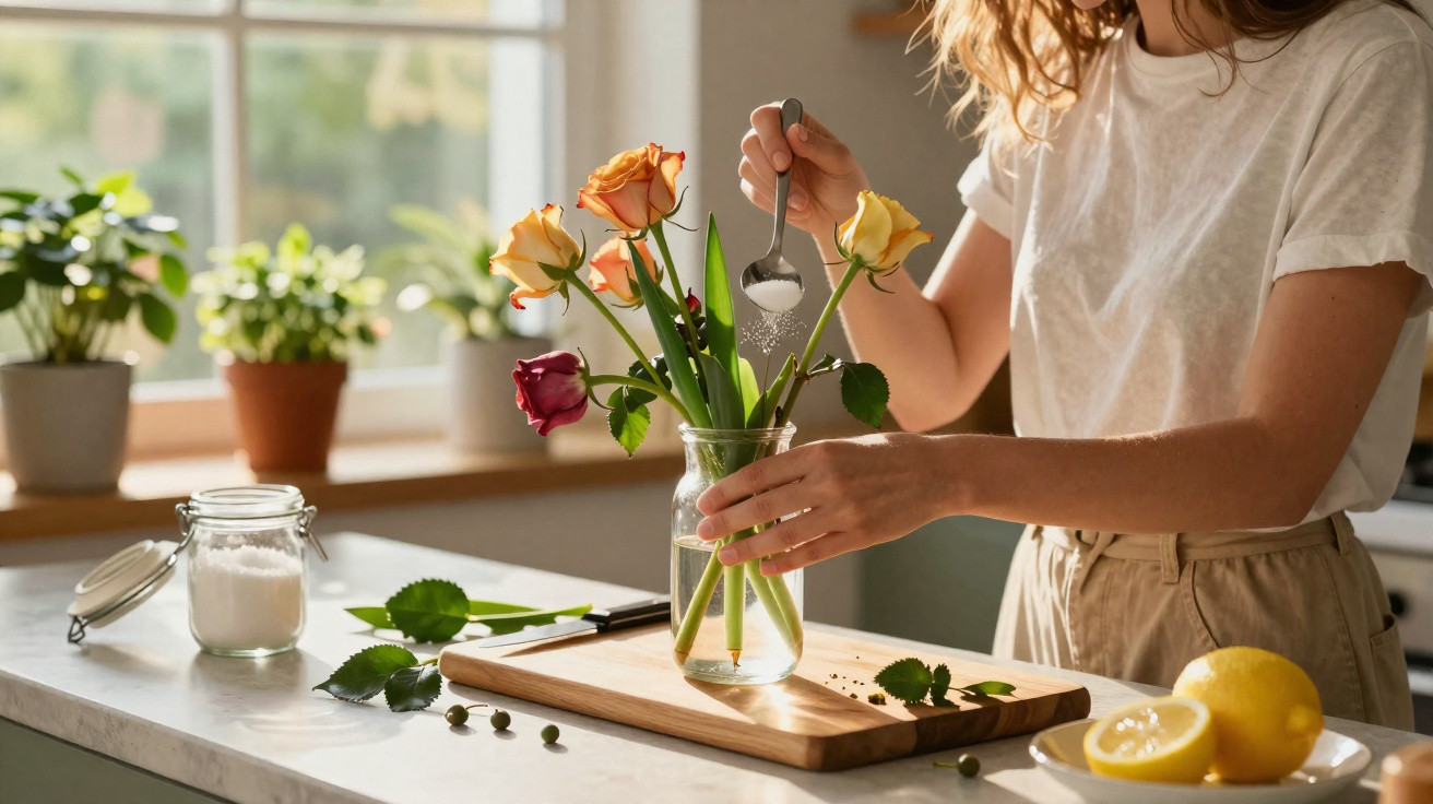 Frau streut Zucker in eine Vase mit Rosen auf einer Küchenarbeitsplatte bei Tageslicht.