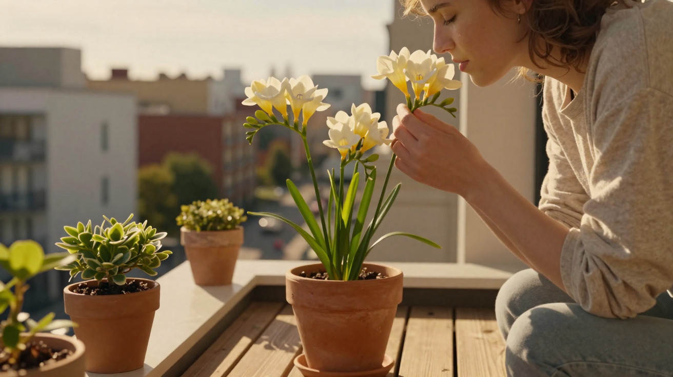 Frau riecht an weißen Blüten in einem Blumentopf auf einem Balkon bei Sonnenlicht.