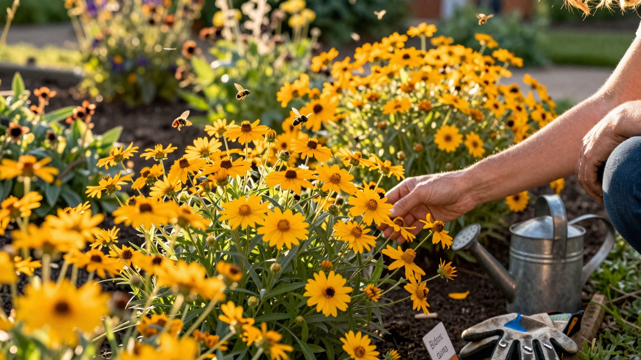 Garten mit gelben Blumen, Bienen im Flug, Gießkanne, Handschuhe und eine Hand, die Blume berührt.