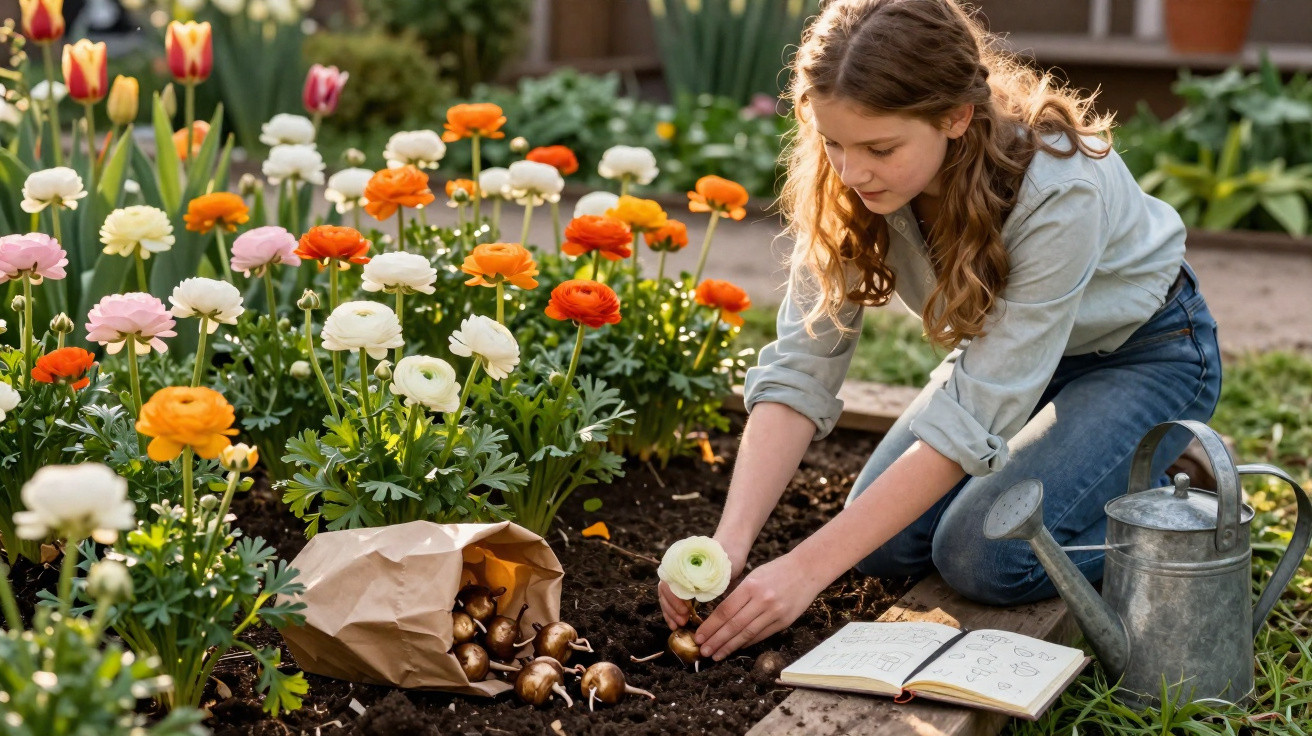 Mädchen pflanzt Blumen in Beet, neben Blumenzwiebeln, Gießkanne und aufgeschlagenem Notizbuch im Garten.