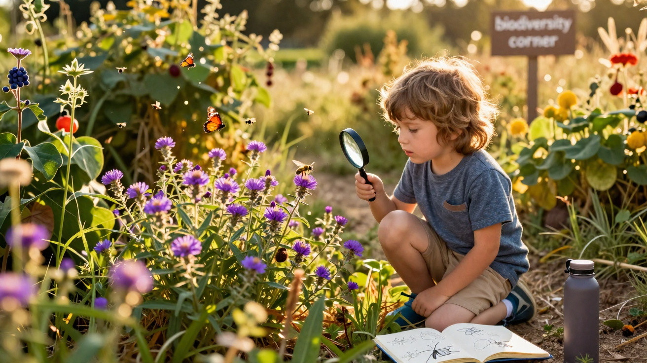 Kind untersucht mit Lupe bunte Blumen und Insekten in einem sonnigen Gartenbereich mit Biodiversitätsschild.