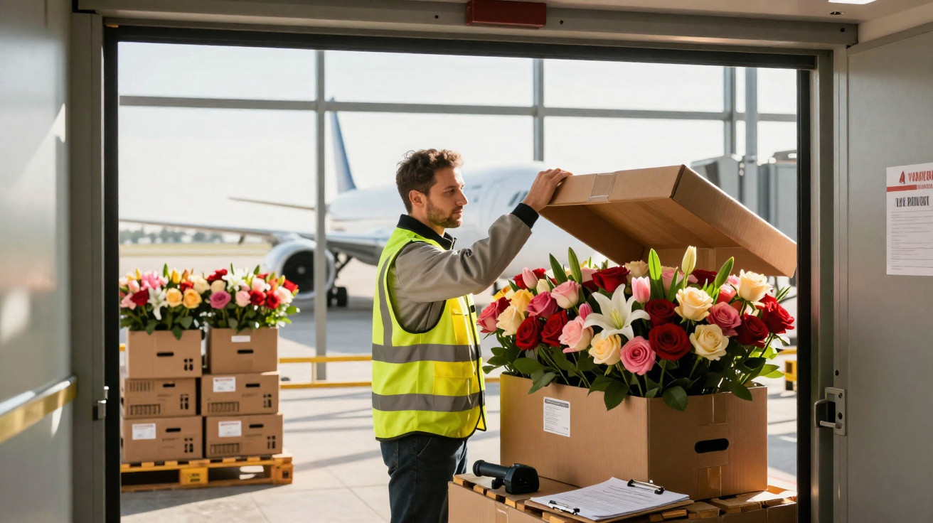 Mitarbeiter am Flughafen hebt Kartondeckel über Kiste mit Rosen und Lilien vor Flugzeug im Hintergrund auf.