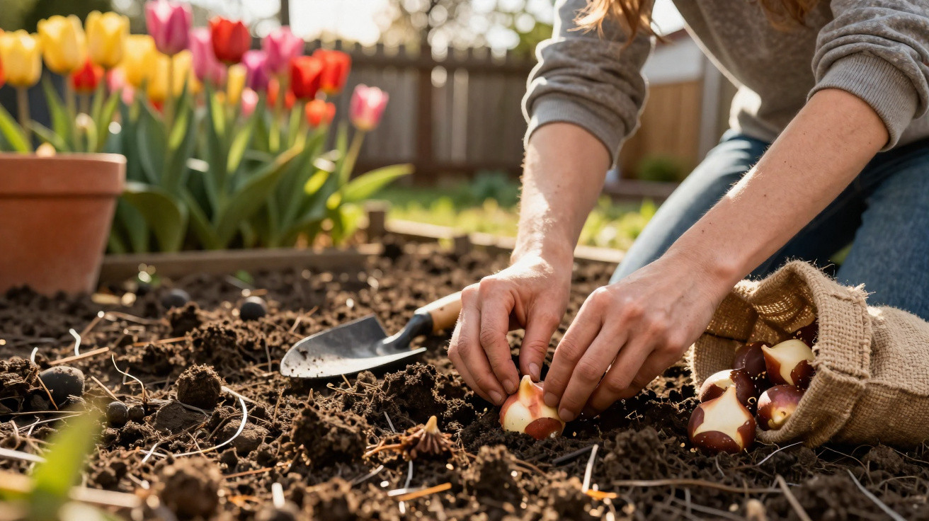 Person pflanzt Tulpenzwiebeln in Gartenbeet mit blühenden Tulpen und Blumenschaufel im Hintergrund.
