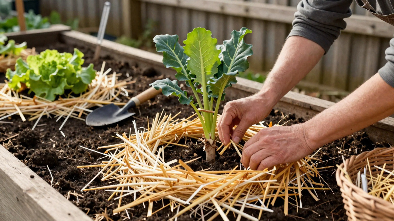 Person mulcht Gemüsejungpflanze mit Stroh in Hochbeet im Gartenbeet zur Feuchtigkeitserhaltung.
