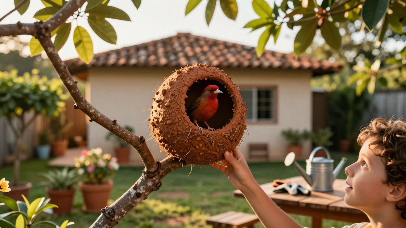 Ein Kind hält ein rundes Vogelnest mit rotem Vogel an einem Baum im Garten vor einem Haus.