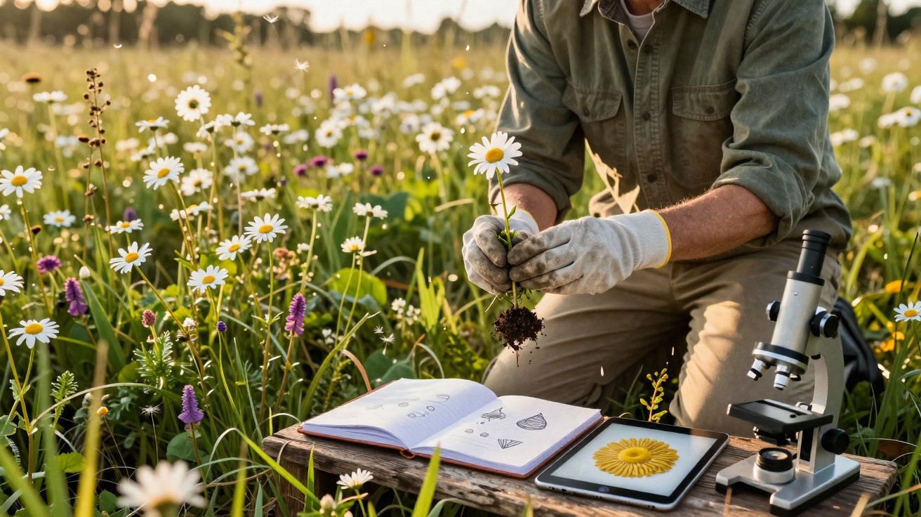 Person mit Handschuhen hält eine Gänseblume, daneben Mikroskop, Buch und Tablet auf einer Blumenwiese.