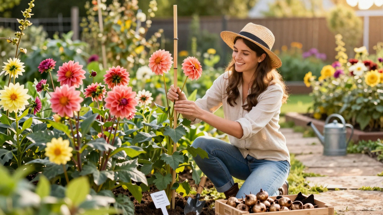 Frau im Strohhut bindet bunte Blütenstängel in einem sonnigen Garten mit Blumenzwiebeln und Gießkanne.