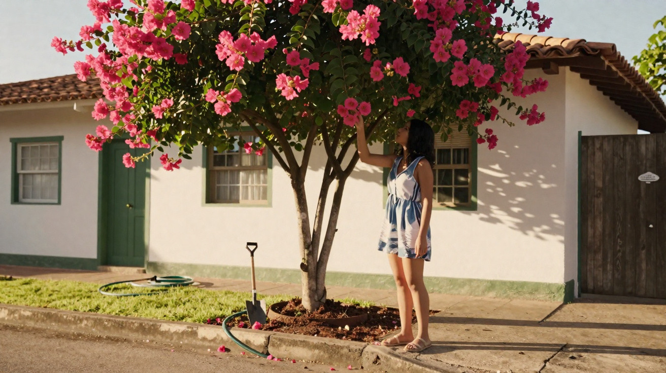 Frau in Sommerkleid berührt Blüten eines großen Baums mit pinken Blumen vor einem Haus mit grünen Fensterläden.