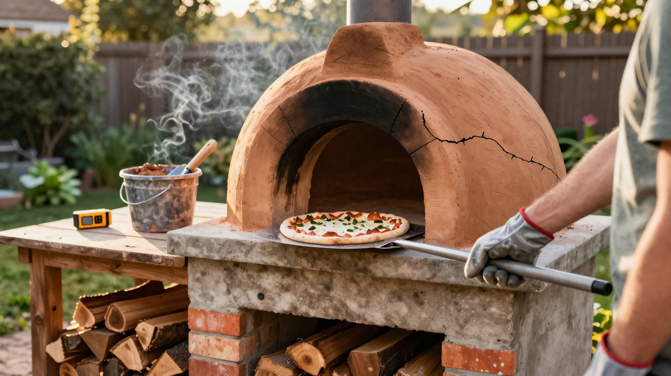Handschuhtragende Hand schiebt Pizza mit Schaufel in Holzofen im Garten, Rauch steigt auf.