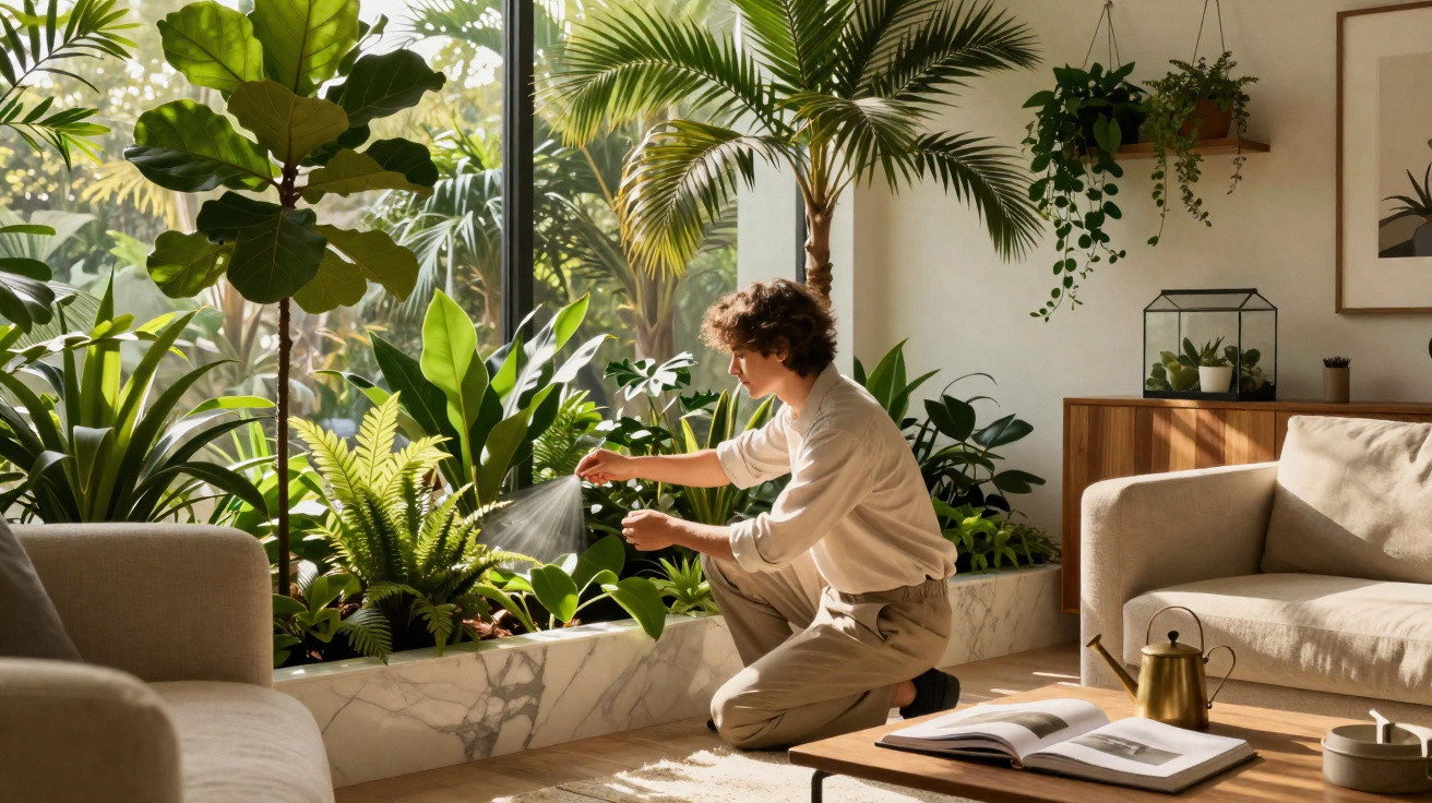 Mann gießt Zimmerpflanzen vor großem Fenster in modernem, lichtdurchflutetem Wohnzimmer mit Naturdekor.
