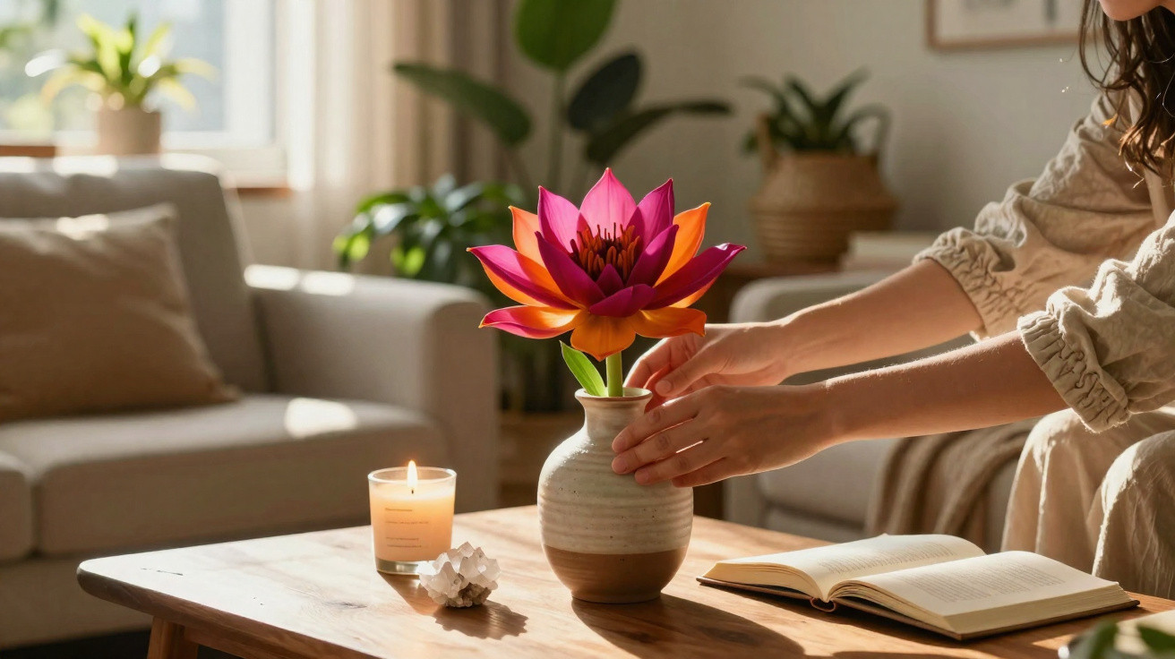 Frau arrangiert pink-orange Blume in Vase auf Holztisch mit Kerze und geöffnetem Buch im gemütlichen Wohnzimmer.