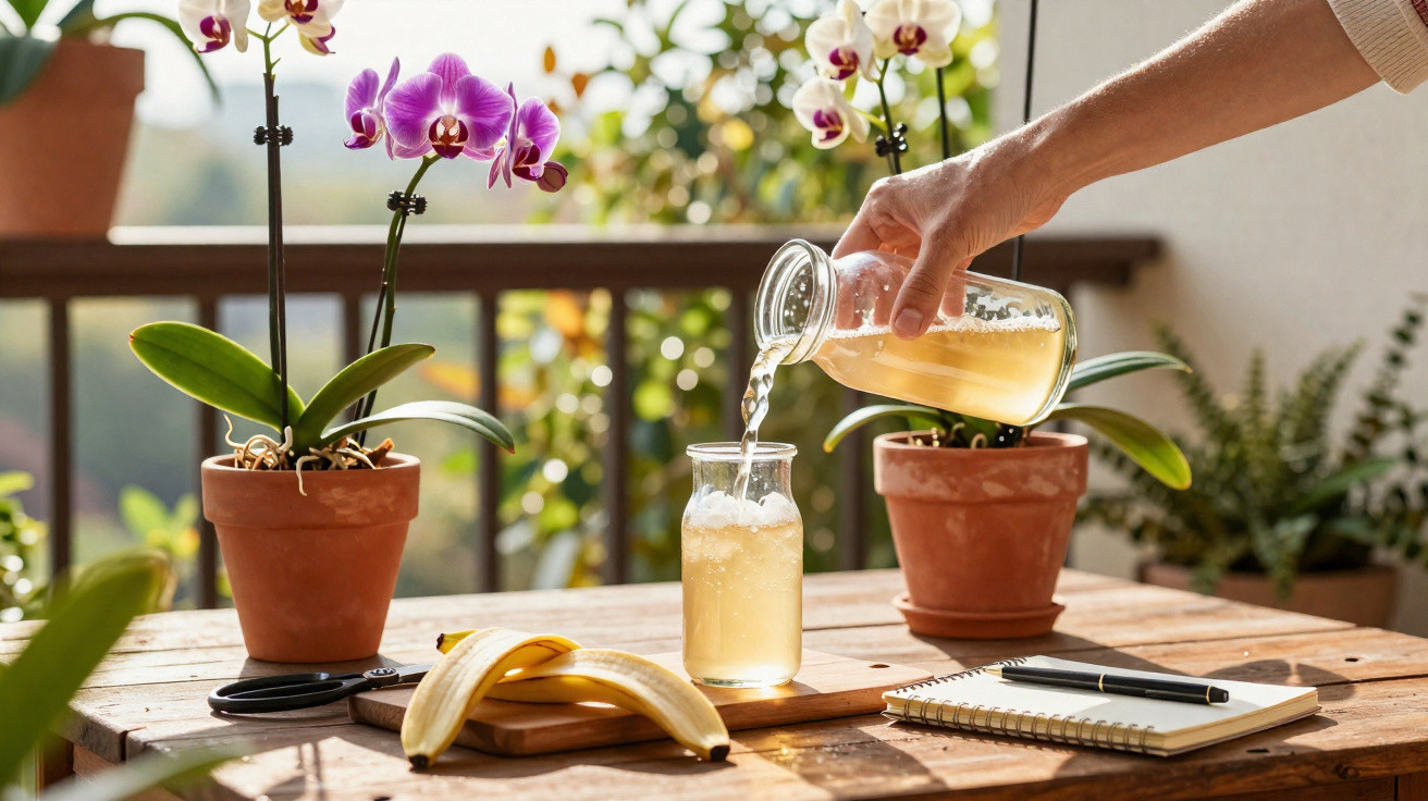 Hand gießt Getränk in Glas auf Holztisch mit Orchideen, Banane und Notizbuch im Sonnenlicht.