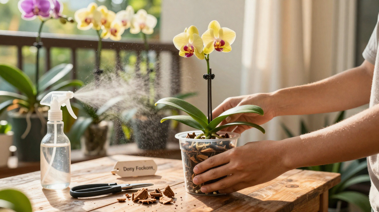 Person besprüht nahaufnahme gelbe Orchidee in transparentem Topf auf Holztisch mit Gartenschere und Kokosfleisch