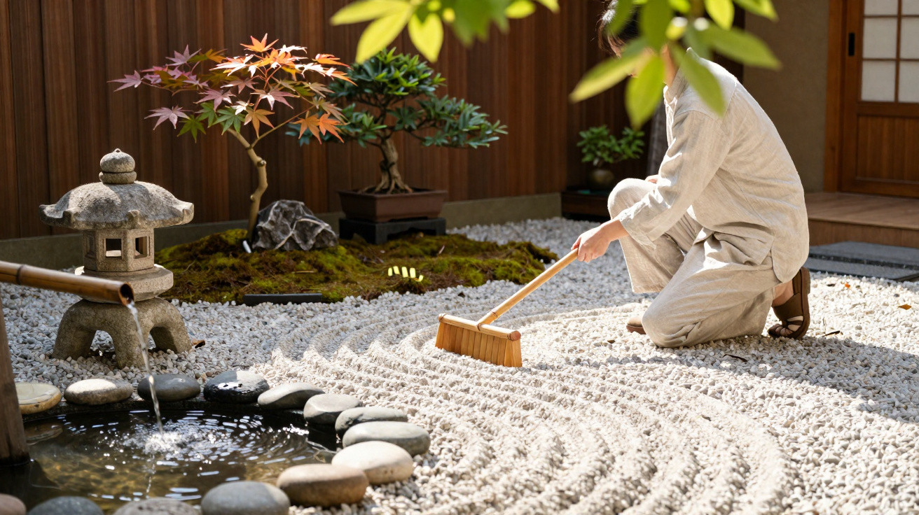 Person in heller Kleidung harkt Kieselsteine in einem japanischen Zen-Garten mit Laterne und Teich.