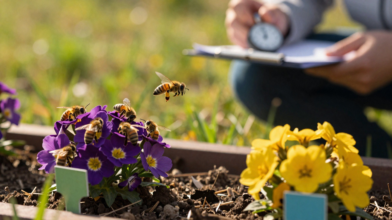 Bienen sammeln Nektar an violetten und gelben Primelblumen in einem Beet, im Hintergrund Person mit Stoppuhr.