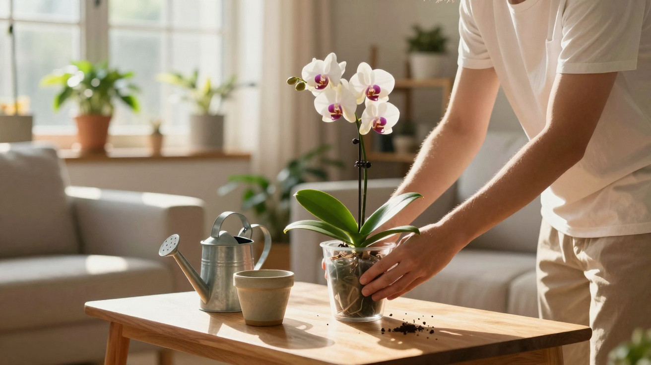 Person gießt weiße Orchidee in durchsichtigem Topf auf Holztisch mit Gießkanne und Blumentopf.