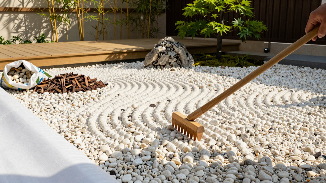 Hand, die mit Rechen Linien in einen japanischen Zen-Garten aus weißen Kieselsteinen zieht.
