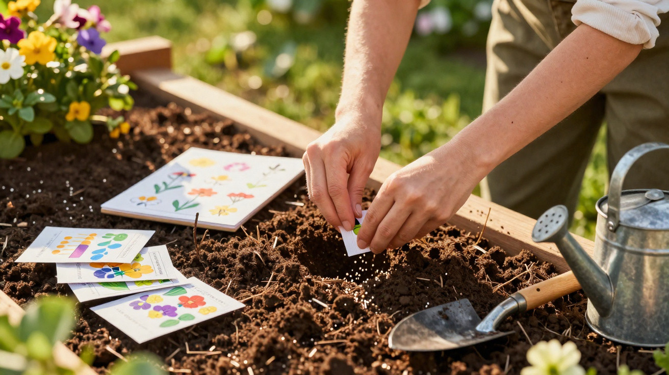 Person sät kleine Saatkörner in frisch vorbereiteten Gartenboden, umgeben von Blumensamen-Papiertütchen.