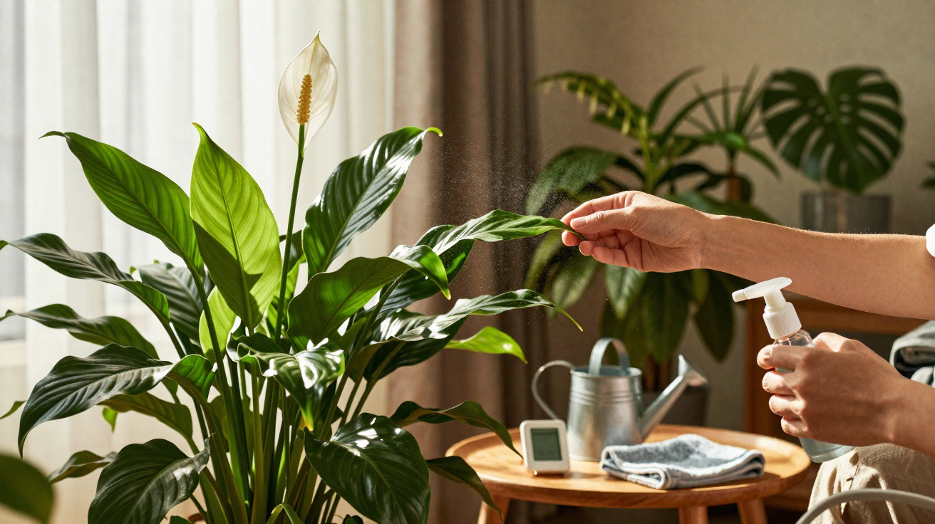 Person besprüht grüne Zimmerpflanze mit weißer Blüte in hellem Wohnzimmer mit Monstera im Hintergrund