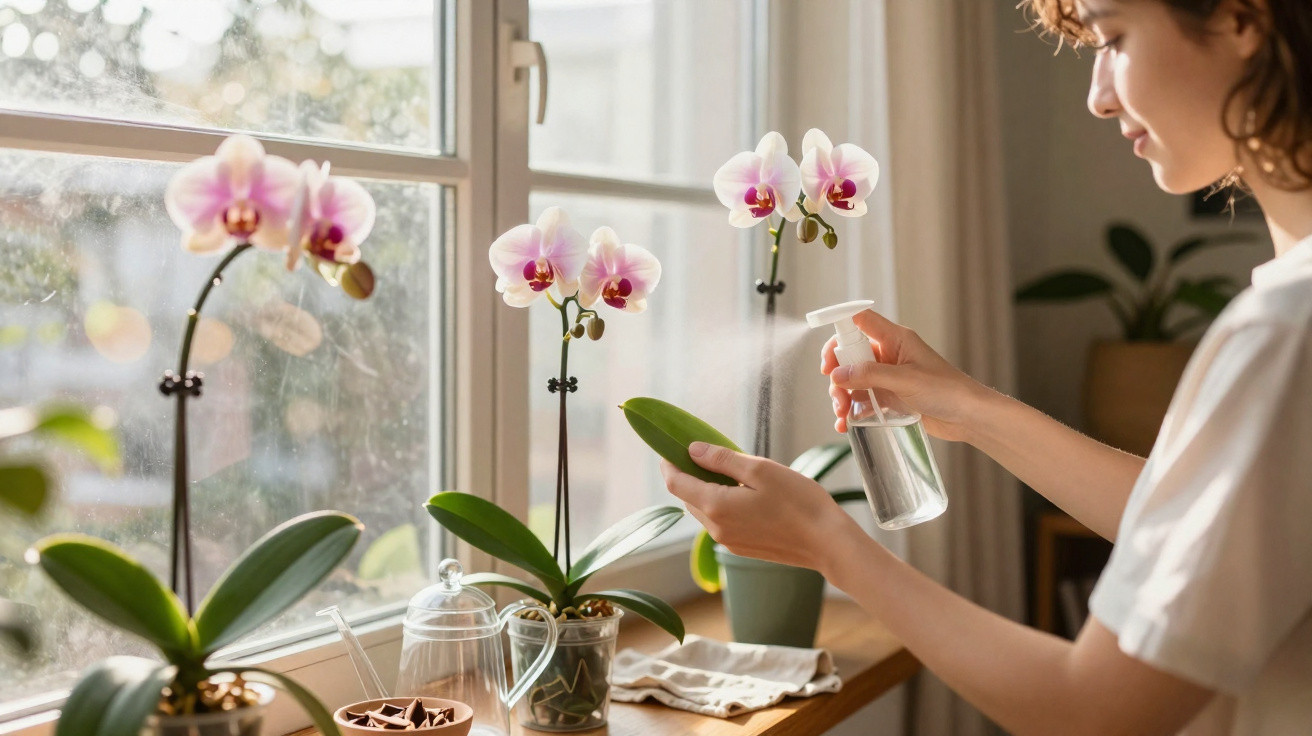 Frau besprüht Orchideen mit Wasser an einem hellen Fensterbrett in einem Wohnraum.