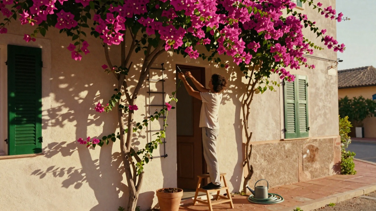 Person auf Hocker schneidet pinke Bougainvillea vor Haus mit grünen Fensterläden in sonniger Kulisse.