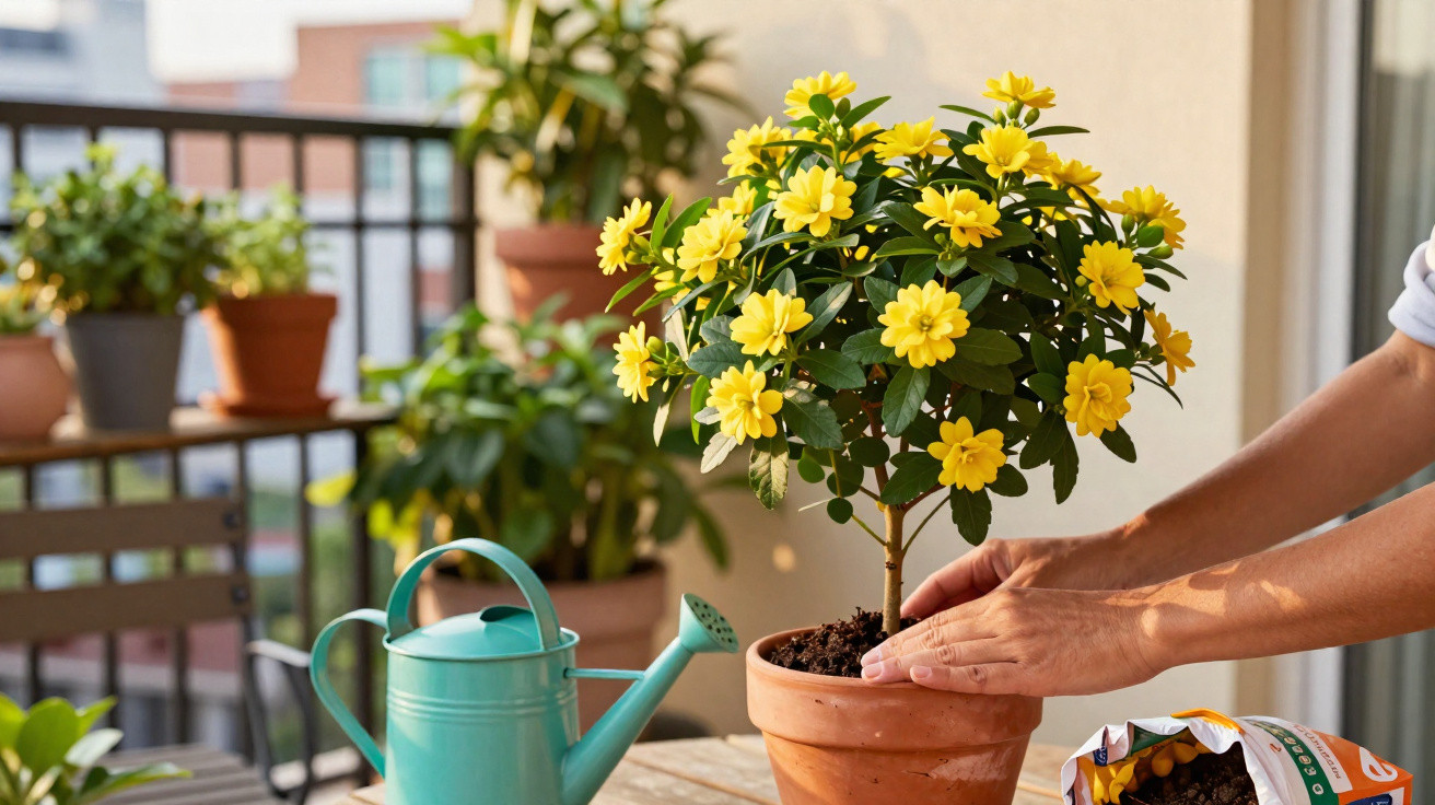 Person pflanzt gelbe Blüten in Terrakottatopf auf Balkon mit Gießkanne und weiteren Blumentöpfen im Hintergrund.