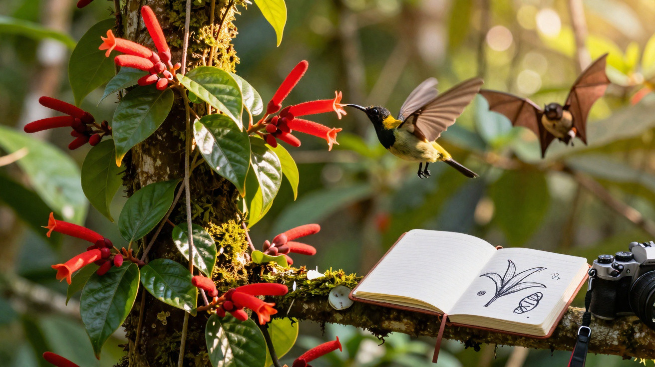 Kolibri saugt Nektar von roten Blüten an einem moosbewachsenen Baumstamm neben einem offenen Skizzenbuch.