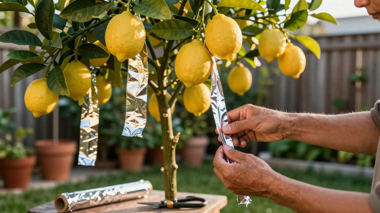 Person befestigt reflektierende Silberstreifen an einem Zitronenbaum im Garten zur Schädlingsabwehr.