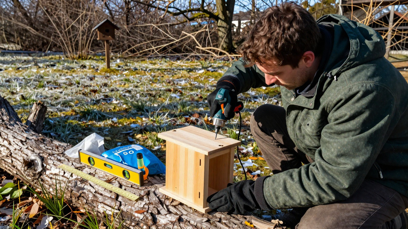 Mann baut mit Akkuschrauber ein Nistkasten aus Holz im Garten bei sonnigem Winterwetter.
