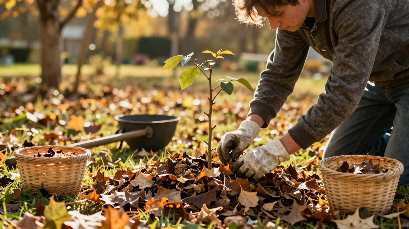 Junge pflanzt Baum im Herbst, umgeben von Laub und zwei gefüllten Körben auf Grasfläche.