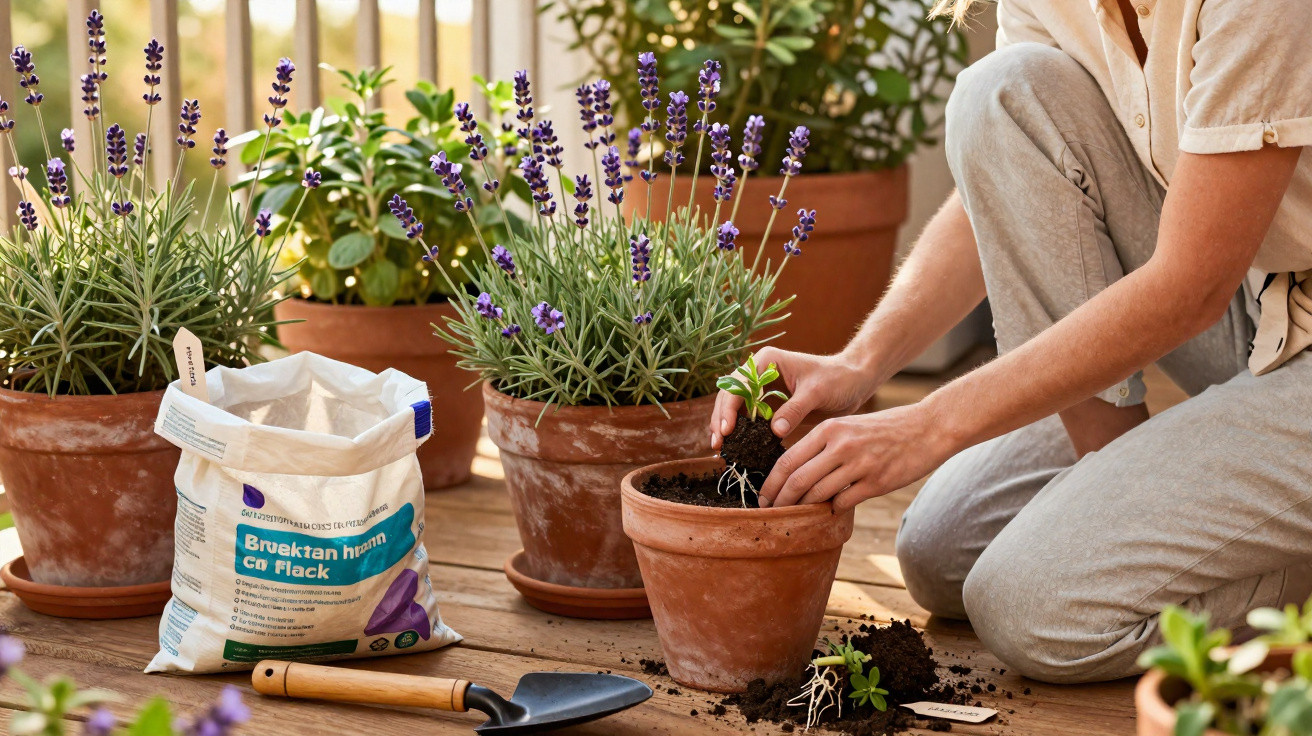 Person pflanzt kleine Pflanze in Terrakottatopf, umgeben von Lavendel und Gartengeräte auf Holzterrasse.