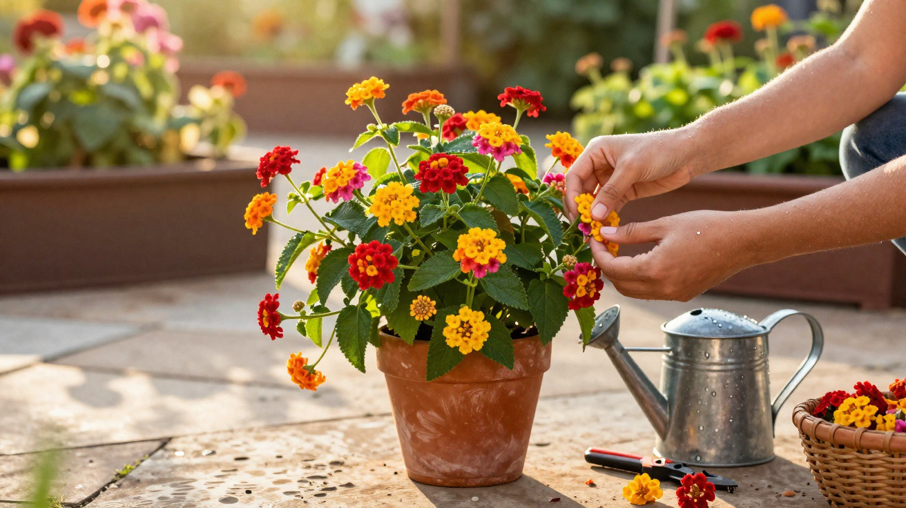 Person pflegt bunte Blumen in einem Terrakottatopf auf einer Terrasse mit Gießkanne und Gartenschere.