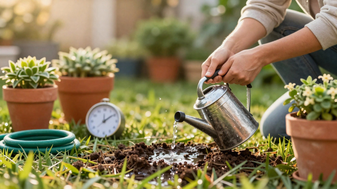 Person gießt mit Gießkanne Wasser auf frisch aufgelockerte Erde im Garten neben Blumentöpfen und Wecker.