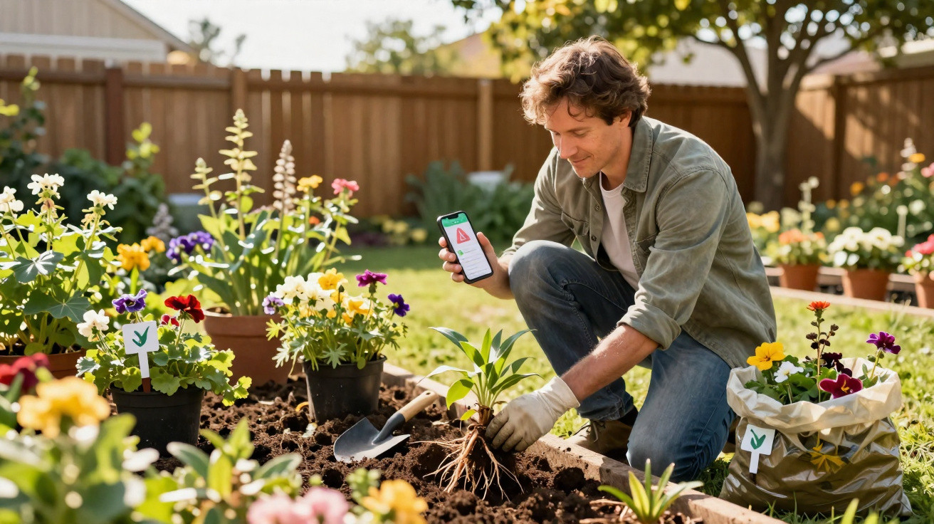 Mann pflanzt Blumen im Garten und schaut auf sein Smartphone mit Warnhinweis auf dem Display.
