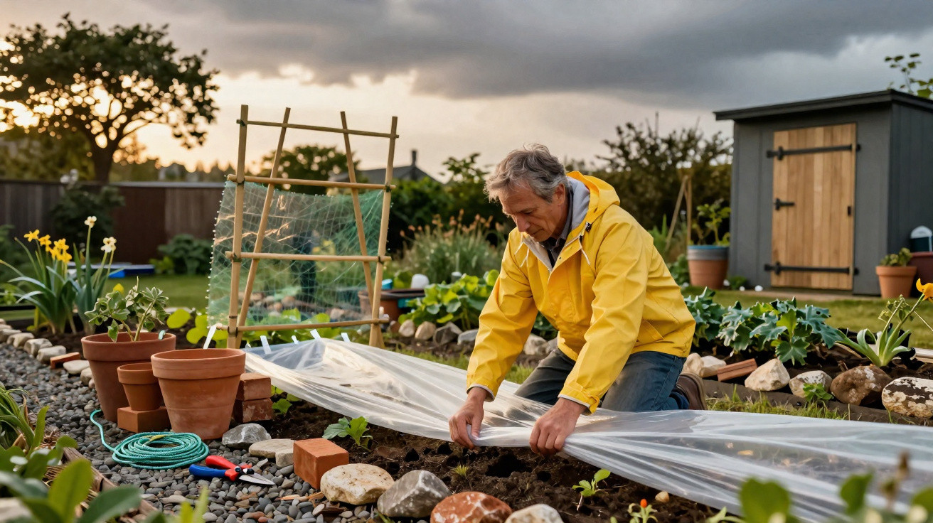 Mann in gelber Jacke bedeckt Gartenerde mit Folie in einem Garten bei bewölktem Himmel.