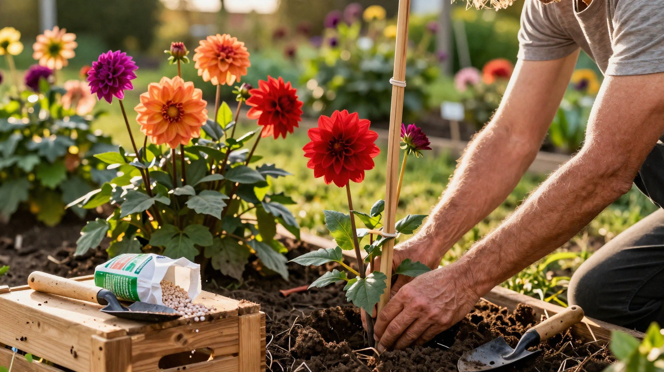 Mann pflanzt farbenfrohe Dahlien im Garten, umgeben von Gartengerät und sonniger Atmosphäre.
