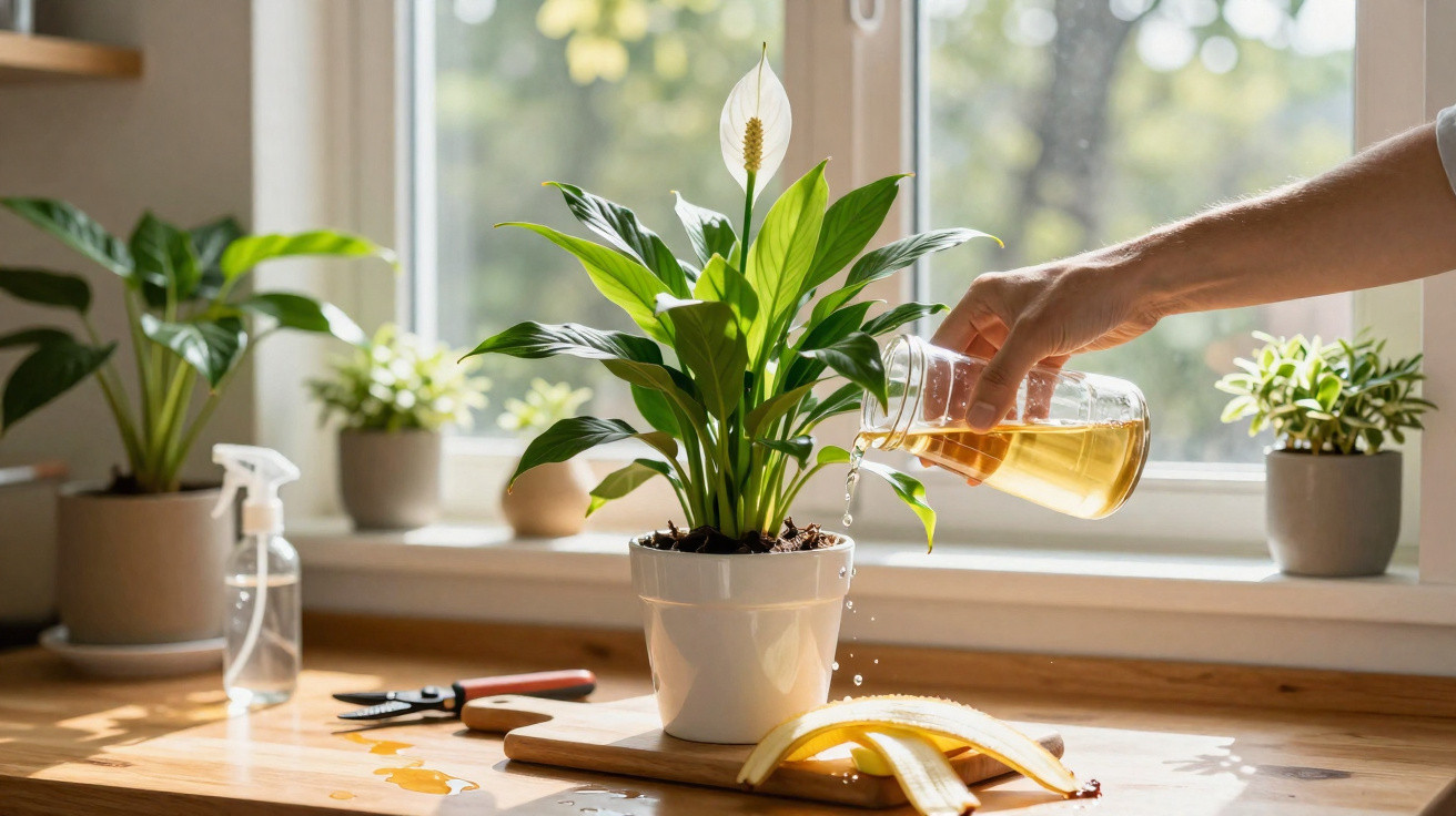 Hand gießt Pflanze mit Wasser aus Glas in sonnigem Raum auf Holzarbeitsplatte.