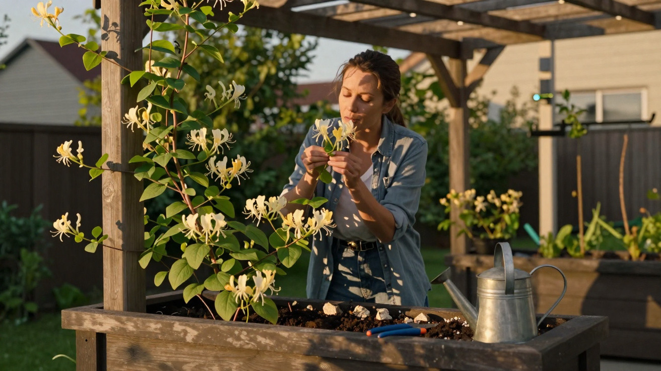 Frau pflegt blühende Geißblattpflanze im Hochbeet unter einer Pergola im Garten bei Sonnenschein.