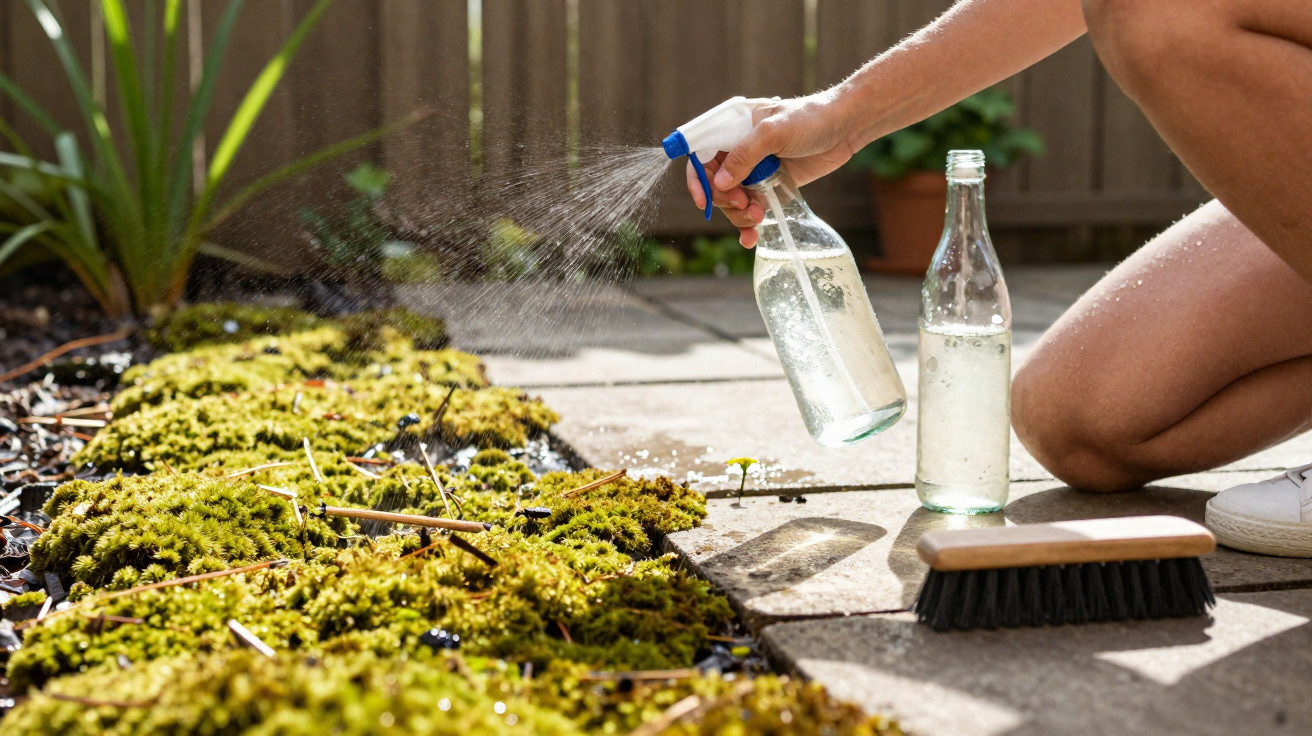 Person besprüht Moos auf einem gepflasterten Gartenweg mit Wasser aus einer Sprühflasche.