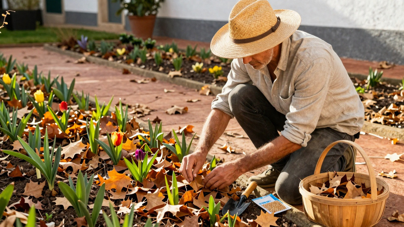 Älterer Mann mit Strohhut pflegt Blumenbeet mit herbstlichen Blättern und bunten Tulpen.