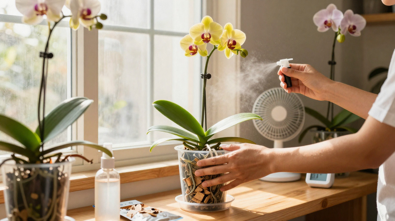 Person besprüht Orchidee mit gelben Blüten auf sonnigem Fensterbrett in Innenraum
